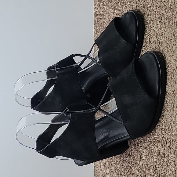 EILEEN FISHER SANDALS HEELS DOE TUMBLED NUBUCK LEATHER STRAP BLACK SZ 9 - Picture 1 of 11